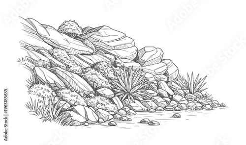 Of a rocky desert landscape with sparse vegetation and water