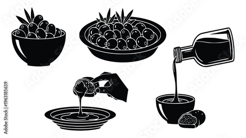 Black and white illustration of olives and olive oil in various kitchen settings and dishes used for cooking and serving