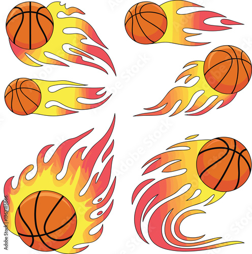 Basketball fire flames vector set, flying flaming ball sports illustration bundle, hot burning basketball icons for team logo, t-shirt design.