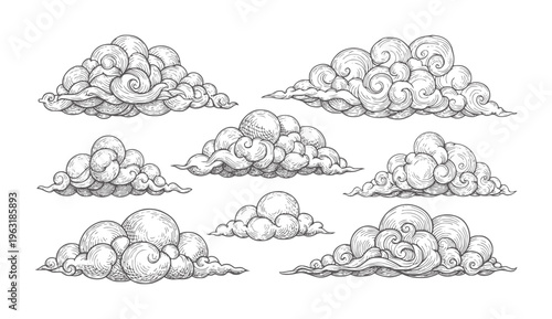 Vintage engraved swirling clouds collection monochrome engraving