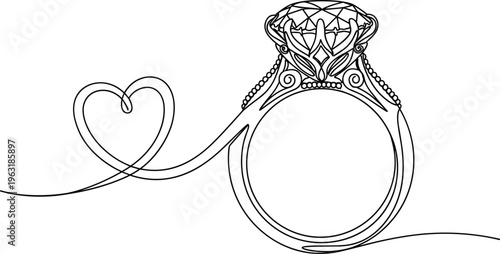 Diamond engagement ring continuous line drawing vector illustration, elegant jewelry outline sketch, romantic heart symbol, minimalist luxury wedding concept design