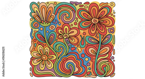 Colorful floral pattern with swirling lines and vibrant flowers in shades of orange blue and yellow