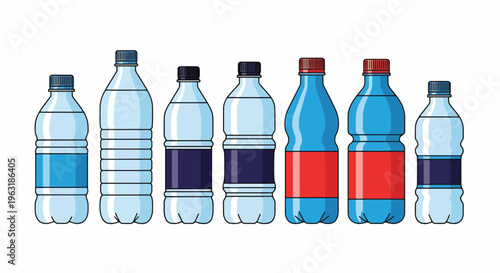 Various plastic bottles in different colors and designs arranged in a row on a plain surface for hydration or packaging purposes