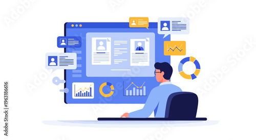 Professional human resources manager analyzing digital candidate resumes and data analytics on dashboard, concept for corporate recruitment, workforce planning and employee talent screening