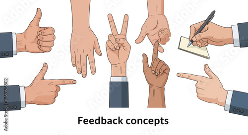 Professional executive manager hands in suit performing various gestures like thumbs up and writing on paper, concept for corporate leadership, employee feedback and management training