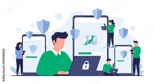 Cybersecurity analysts and IT specialists monitoring data protection on smartphones and laptops with shield icons, concept for network security, data privacy protection and digital firewall defense