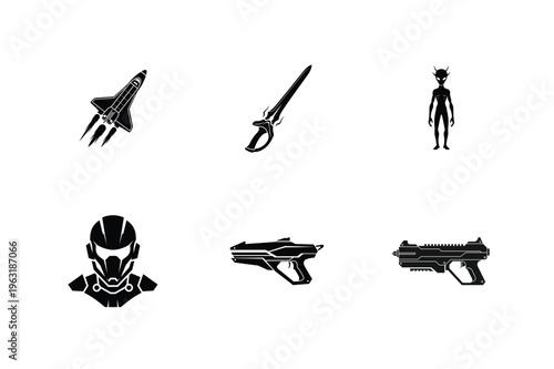 Futuristic icons depicting space exploration and alien warfare elements