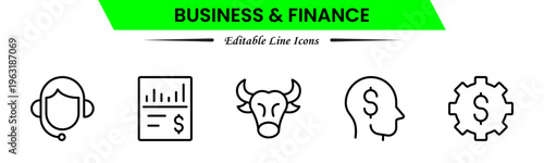 Business and finance icons depicting banking, investment, money, transactions, growth, budgeting, accounting, strategy, analytics, reports, markets, profit, management, and financial planning.