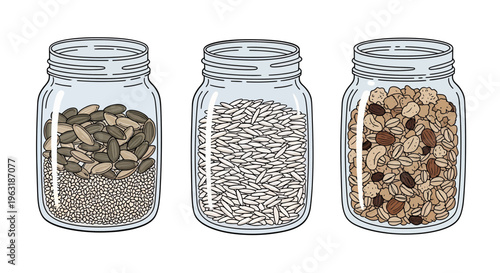 Three glass mason jars filled with various healthy grains rice and granola cereal isolated on white background, concept for healthy breakfast, sustainable pantry storage and organic food packaging