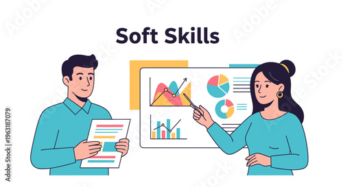 Male financial analyst holding paper and female marketing manager pointing at data charts on board, concept for professional development, communication training and corporate leadership