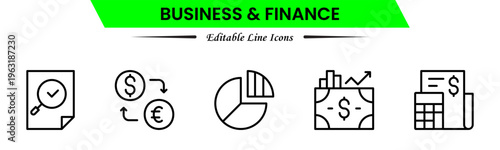 Business and finance icons depicting banking, investment, money, transactions, growth, budgeting, accounting, strategy, analytics, reports, markets, profit, management, and financial planning.