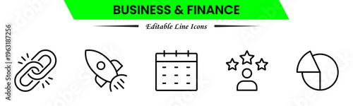 Business and finance icons depicting banking, investment, money, transactions, growth, budgeting, accounting, strategy, analytics, reports, markets, profit, management, and financial planning.