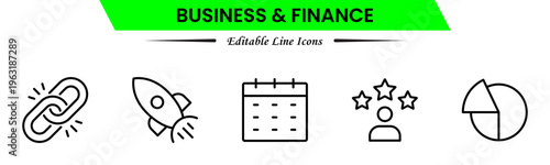 Business and finance icons depicting banking, investment, money, transactions, growth, budgeting, accounting, strategy, analytics, reports, markets, profit, management, and financial planning.