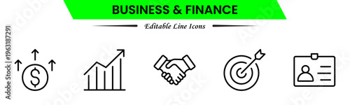 Business and finance icons depicting banking, investment, money, transactions, growth, budgeting, accounting, strategy, analytics, reports, markets, profit, management, and financial planning.