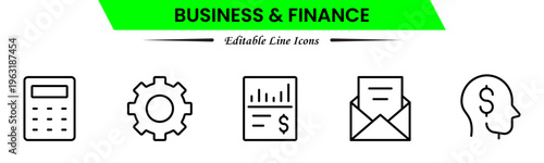 Business and finance icons depicting banking, investment, money, transactions, growth, budgeting, accounting, strategy, analytics, reports, markets, profit, management, and financial planning.