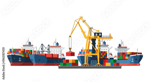 flat illustration of cargo ships being loaded by a yellow crane with colorful shipping containers at a port terminal, concept for global logistics, maritime trade and freight transportation