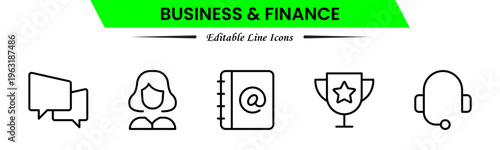 Business and finance icons depicting banking, investment, money, transactions, growth, budgeting, accounting, strategy, analytics, reports, markets, profit, management, and financial planning.