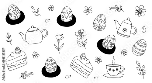 Flat Hand Drawn Easter Elements Collection with Eggs Nests Flowers Cake and Tea Vector