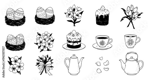 Hand Drawn Easter Icon Grid Set with Eggs Nests Flowers Cake and Afternoon Tea Vector