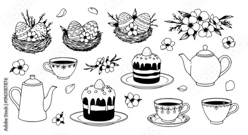 Charming Easter Illustration Set with Decorated Eggs Nests Spring Flowers Cake and Tea Vector