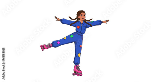 Happy young girl with braids wearing blue jumpsuit balancing on pink roller skates on white background, concept for active professional athlete, youth hobby and retro sports entertainment