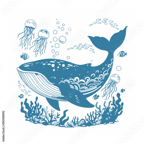 Blue whale under the sea with jellyfish