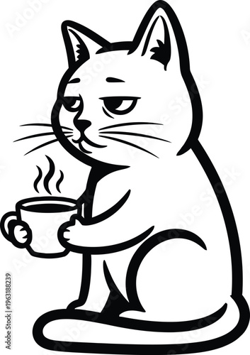 A cartoon cat sitting and holding a steaming cup of coffee or tea with a grumpy expression