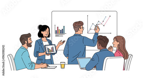Diverse marketing analysts and project managers analyzing financial growth charts on whiteboard and tablet in meeting room, concept for business presentation, data analysis and corporate training
