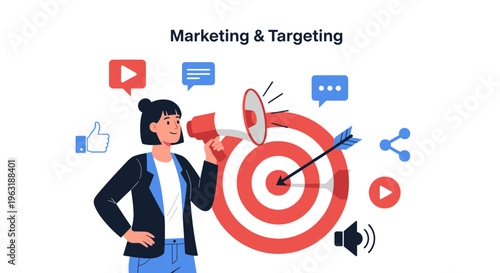 Female marketing executive holding megaphone near bullseye target with social media icons and text, concept for digital advertising, target audience strategy and brand communication