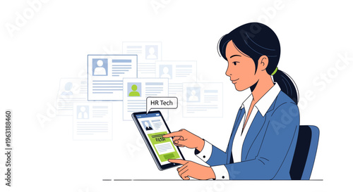 Professional female human resources manager using digital tablet to filter candidate resumes in the office, concept for talent acquisition, recruitment technology and efficient workforce hiring