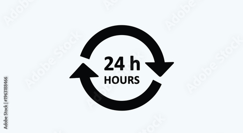Black 24 hours clock symbol with circular arrows on light gray