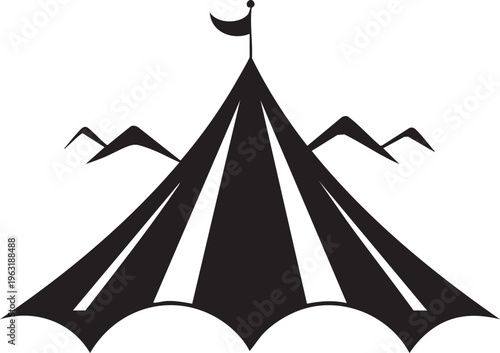 Black circus tent silhouette with flags and distant mountain peaks for festival and outdoor event promotions.