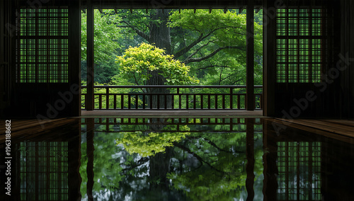 雨上がりの和室で新緑の庭と床の映り込みが美しい風景