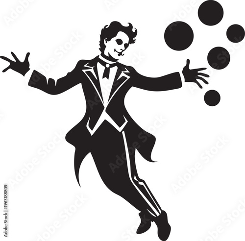 Circus performer in elegant tuxedo juggles glowing orbs, captivating audience with skillful entertainment.