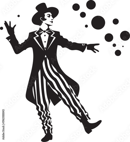 Stylish character in top hat and tailcoat juggling luminous spheres, unique artistic performance.