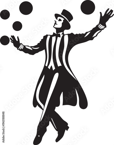 Vintage ringmaster in striped coat and top hat expertly juggles multiple balls, theatrical performance.