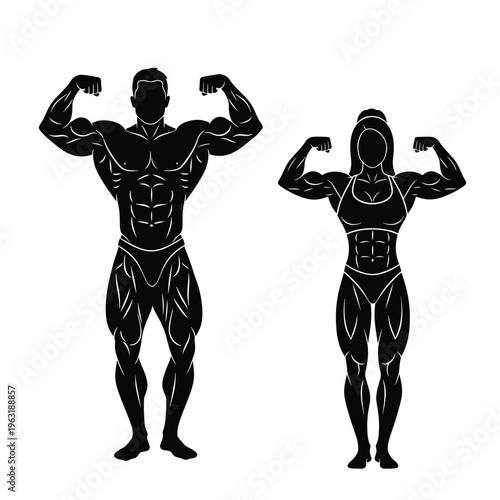 A muscular man and woman are standing in powerful poses, showcasing their physiques with confidence and strength