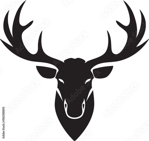 Deer head silhouette with elegant branched antlers in black and white minimalist graphic vector illustration art.