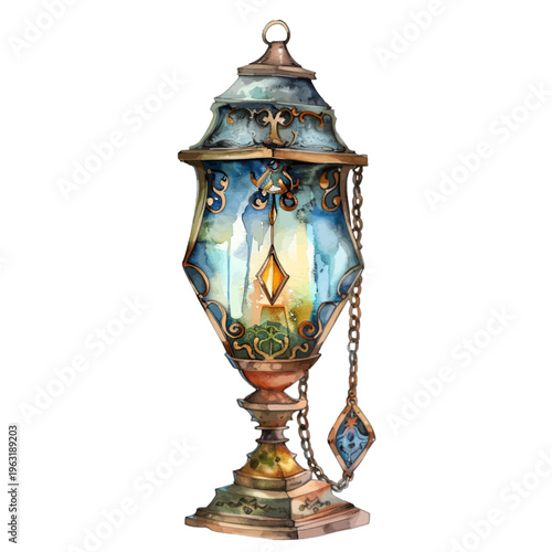 Watercolor Ornate Steampunk Table Lantern with Blue Glass and Hanging Jewel