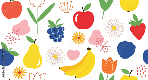 Vibrant colorful fruits and flowers arrangement in a playful artistic composition for kids or healthy eating concepts