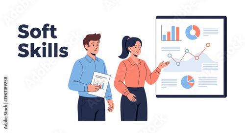Professional marketing manager presenting data charts on board near male analyst holding reports with Soft Skills text, concept for workplace training, leadership and business strategy