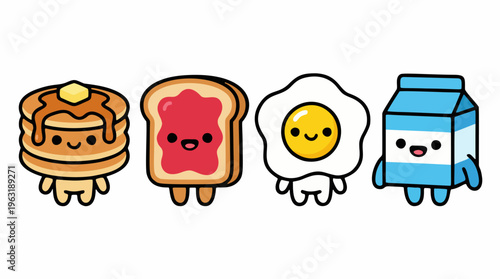 Set of four cute colored chibi breakfast gang monsters