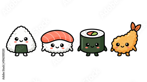 Set of four cute colored chibi savory sushi monsters