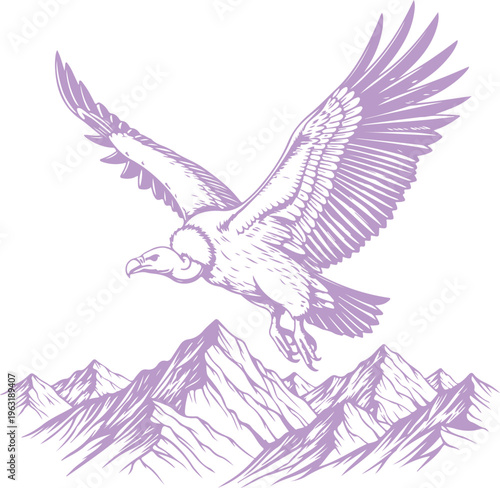 Majestic eagle soaring above mountain peaks in purple silhouette Vector, illustration