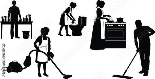 Black silhouette collection of people cleaning house including vacuuming mopping cooking and scrubbing toilet isolated on a white background for design.