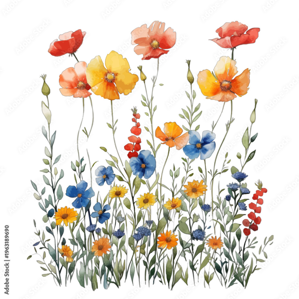 Fototapeta premium Watercolor Wildflower Meadow Clipart with Orange Poppies and Blue Cornflowers 
