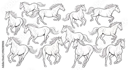 Set of hand drawn sketch horse illustrations in various running and galloping poses on white background, concept for animal education posters, equestrian branding and logo design projects