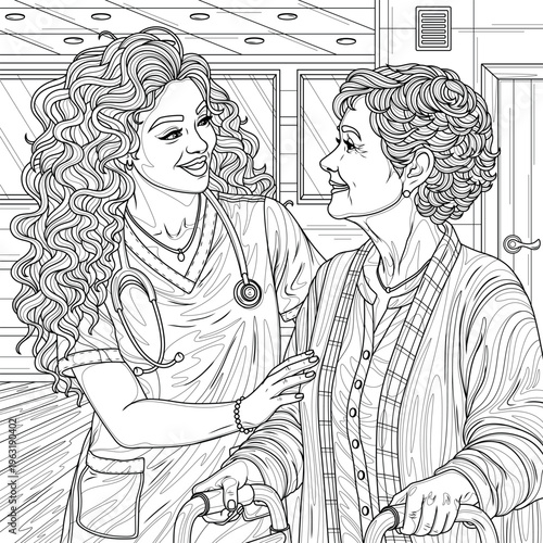 A doctor and an elderly woman.Coloring book antistress for children and adults. 