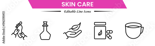 Skin care line icons set. Moisture cream, acid, anti wrinkle serum, creamed, collagen. Pixel perfect, minimalistic web and UI icon.Thin line icon collection. Vector illustration.