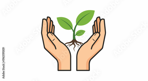 A representation of nurturing and safeguarding the Earth is shown, depicting hands gently cradling a small seedling, symbolizing growth, environmental care, and the promise of a sustainable